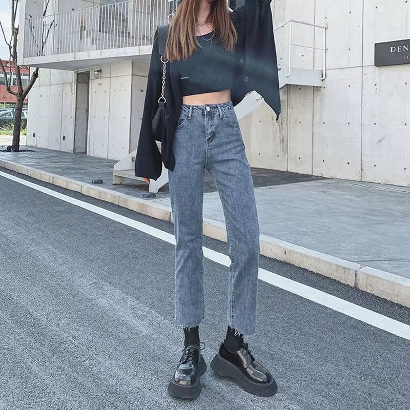 Ankle-Length Jeans Women Ripped Vintage Elasticity High Quality Washed Harajuku All-Match Students Leisure Lady Daily Female New.