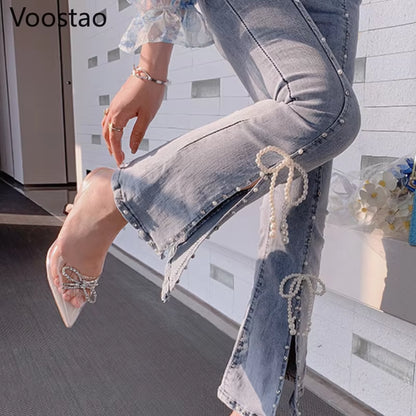 Spring Autumn Sweet High Waist Split Denim Pants Women Elegant Chic Beading Bowknot Boot Cut Pants Girls Vintage Fairy Jeans.