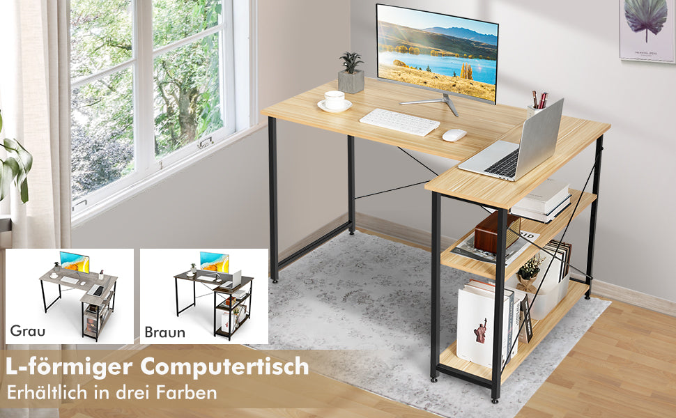 Schreibtisch L-Form, Computertisch mit Regal rechts oder Links, Eckschreibtisch mit Ablagefächern, Ecktisch Bürotisch für