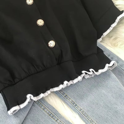 Elevate your summer style with our chic black ruffle top and jeans set! Perfect for casual streetwear vibes! 🌟🖤 #KoreanFashion #SummerStyle.