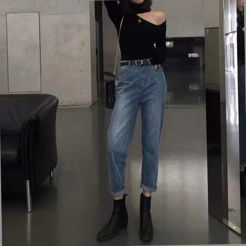 Jeans Women High Waist Vintage Peals Straight Wide Leg Mopping Denim Trousers for Female Retro Streetwear Casual Simple Stylish.