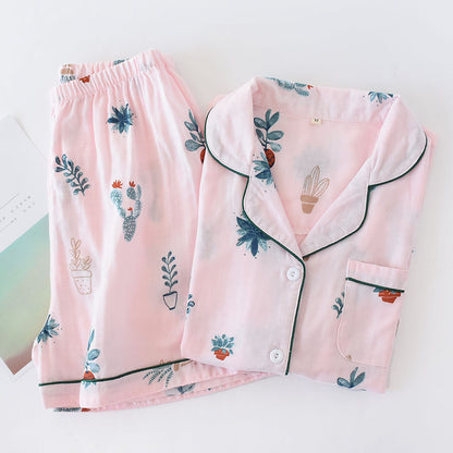 Japanische einfache kurze Pyjamas Frauen 100 % Baumwolle kurze Ärmel Damen Pyjama Sets Shorts süße Cartoon Nachtwäsche Frauen Homewear.