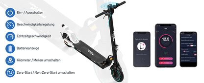 MEGA MOTION Foldable Electric Scooter with App, 350 W Motor, 30-35 km Range, 19 km/h, 8.5 Inch Honeycomb Tyres，ABE qualificatio.
