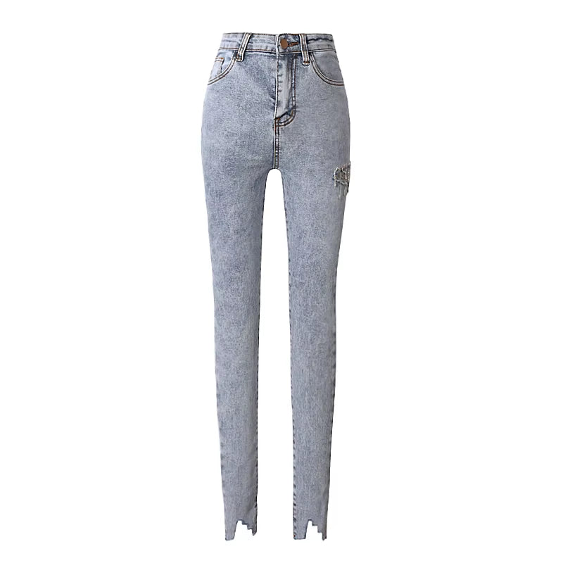 2022 New Fashion Spring Summer Fashion Streetwear Thigh Cut Diamonds Tassel Skinny Jeans Women Denim Pants KZ566.