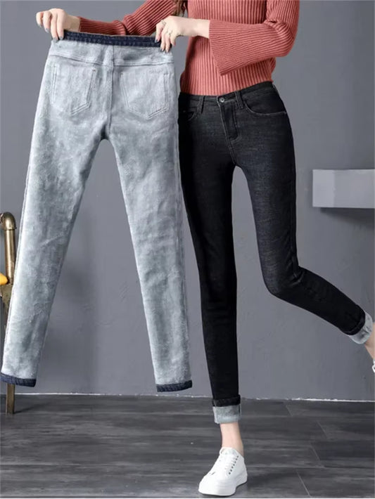 2022 Winter Jeans Women Gold Fleeces inside Thickening Denim Pants High Waist Warm Trousers Female Jeans Woman Pants.