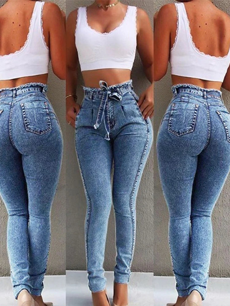 High Waist Jeans for Women Slim Stretch Denim Jean Bodycon Tassel Belt Bandage Skinny Push up Jeans Woman Clothe 4XL 5XL.