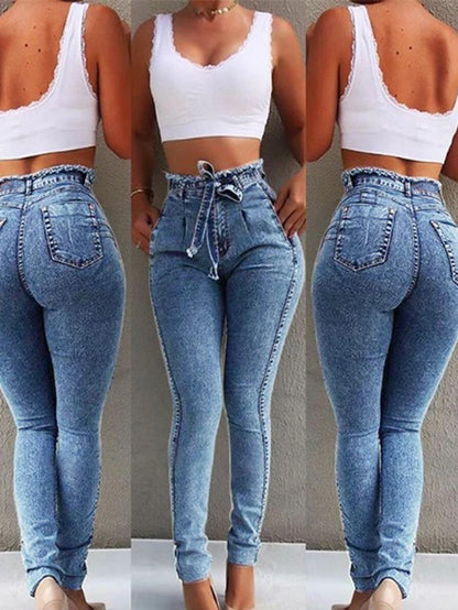High Waist Jeans for Women Slim Stretch Denim Jean Bodycon Tassel Belt Bandage Skinny Push up Jeans Woman Clothe 4XL 5XL.