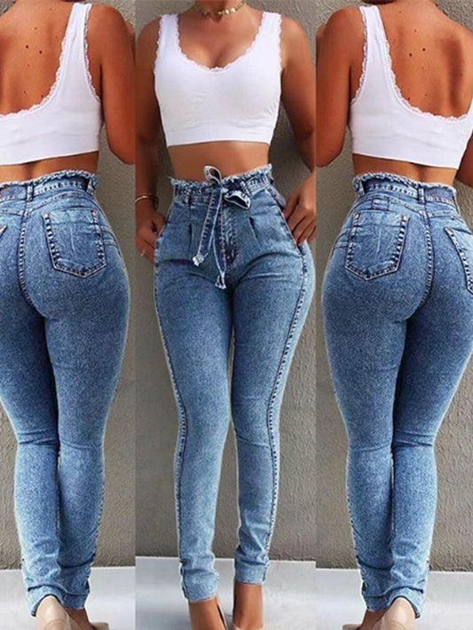 High Waist Jeans for Women Slim Stretch Denim Jean Bodycon Tassel Belt Bandage Skinny Push up Jeans Woman Clothe 4XL 5XL.