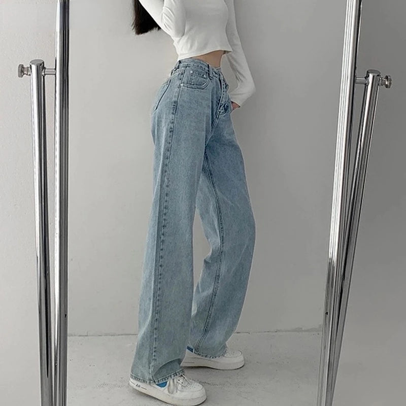 High Waist Jeans Women Loose Solid Mopping Simple Street Denim Trousers Girls Trendy Designed All-Match Young Lady Stylish Ins.