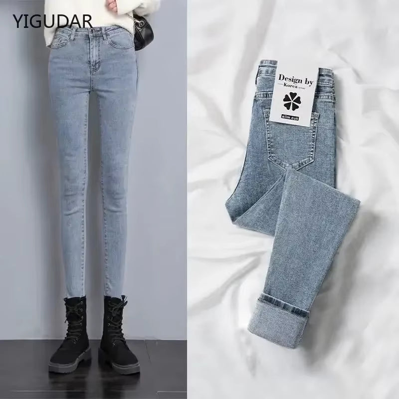 Winter Thick Velvet Women Jeans High Waist Skinny Jeans Simple Fleece Warm Slim Fit Stretch Lady Denim Pencil Pants Baggy Jeans.