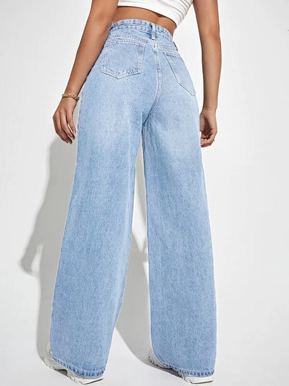 New Best Selling Mid-Waist Straight Jeans Women'S Solid Color Loose All-Match Denim Trousers.