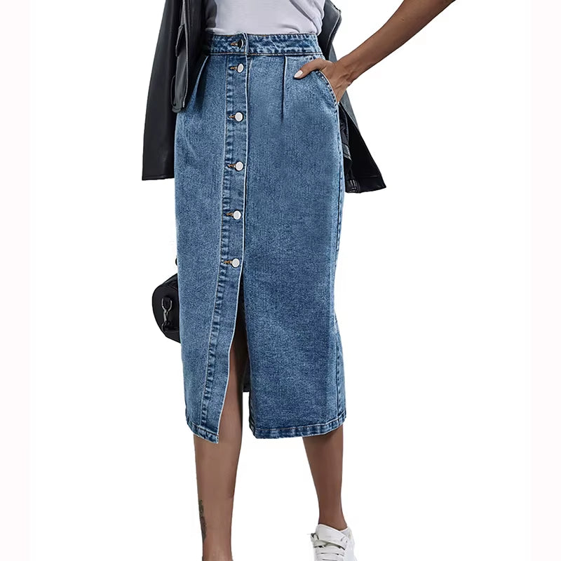 Single Breasted Knee Length Denim Skirt Women Streetwear Casual Pocket High Waist Straight Jeans Skirt New.