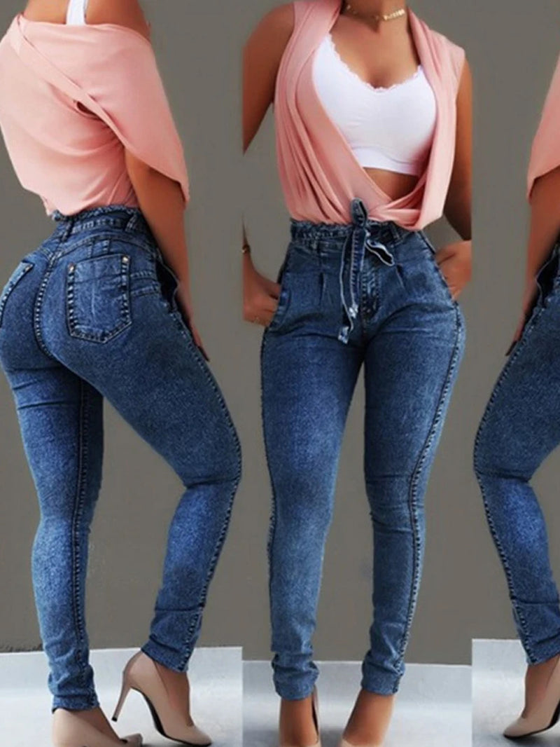 High Waist Jeans for Women Slim Stretch Denim Jean Bodycon Tassel Belt Bandage Skinny Push up Jeans Woman Clothe 4XL 5XL.