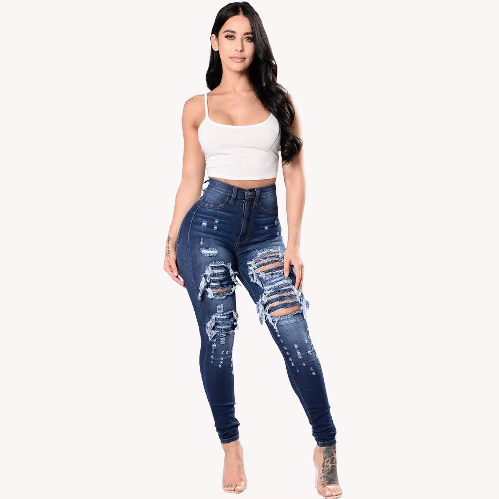 2023 Autumn High Waist Ripped Jeans for Women Fashion Stretch Skinny Denim Pencil Pants Casual Slim Trousers S-3XL.