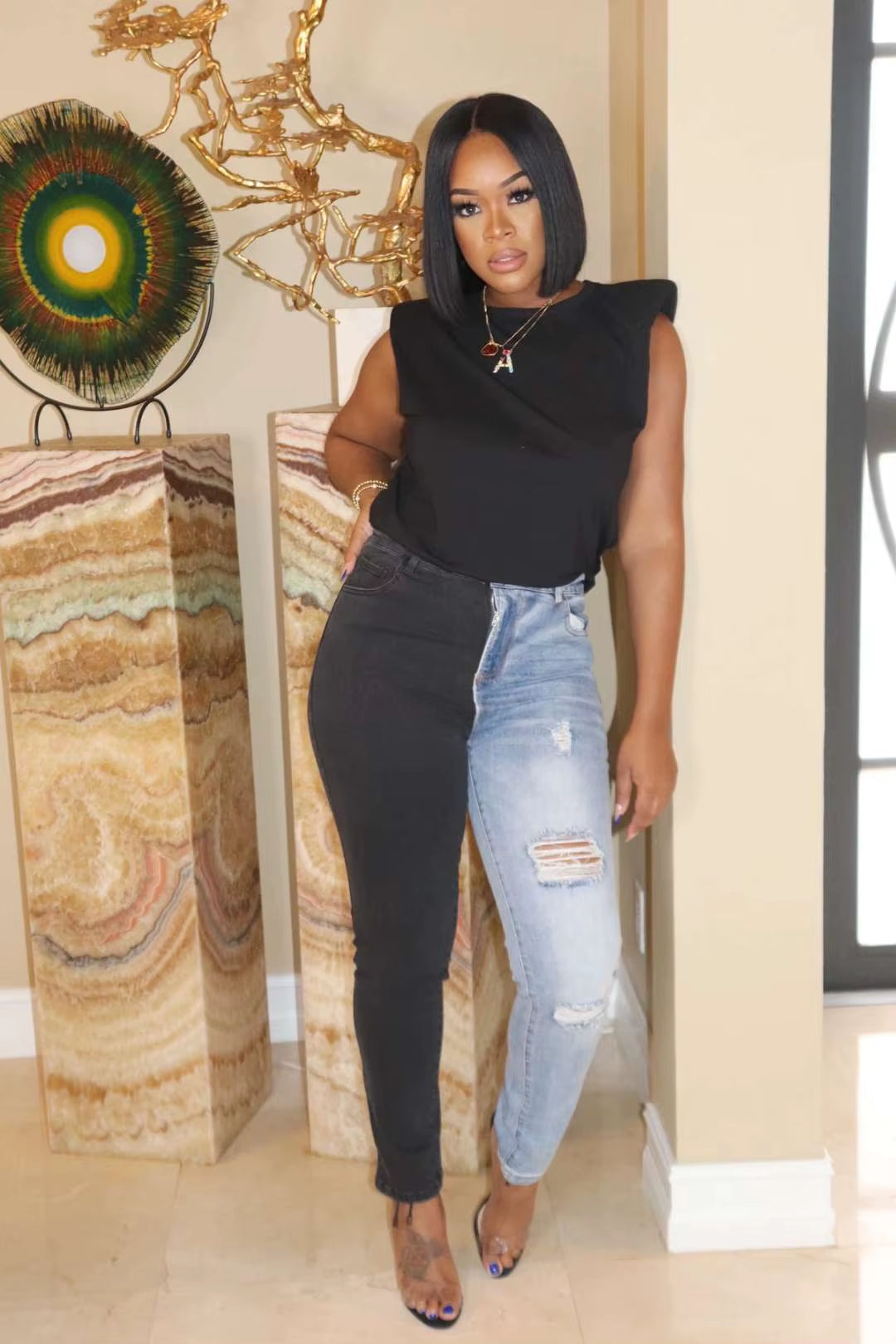 2021 Hot Sale Black Blue Contrast Color High Waist Jeans for Women Fashion Hole Stretch Denim Pencil Pants Hipster Trousers.