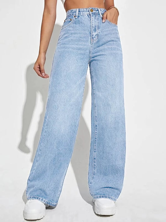 New Best Selling Mid-Waist Straight Jeans Women'S Solid Color Loose All-Match Denim Trousers.