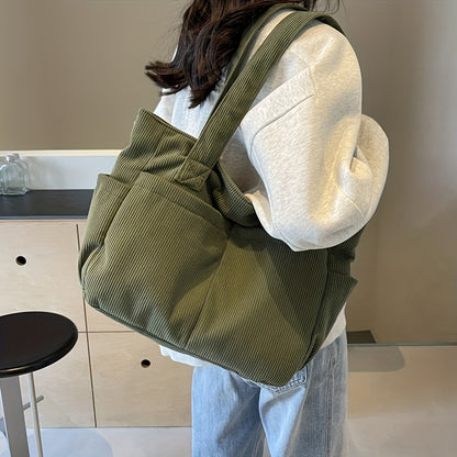 Women's Casual Corduroy Tote Bag Striped Shoulder Bag with Fixed Straps Zipper Large Capacity Handbag for Daily Outings and Shop.