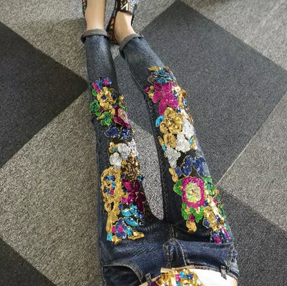 European Style Denim Jacket Fashion Outfit Women New Flower Sequined Jeans Vest Coat.