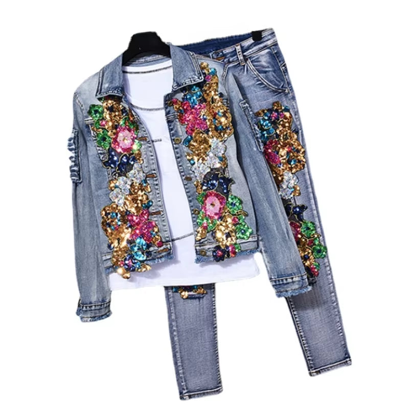 European Style Denim Jacket Fashion Outfit Women New Flower Sequined Jeans Vest Coat.