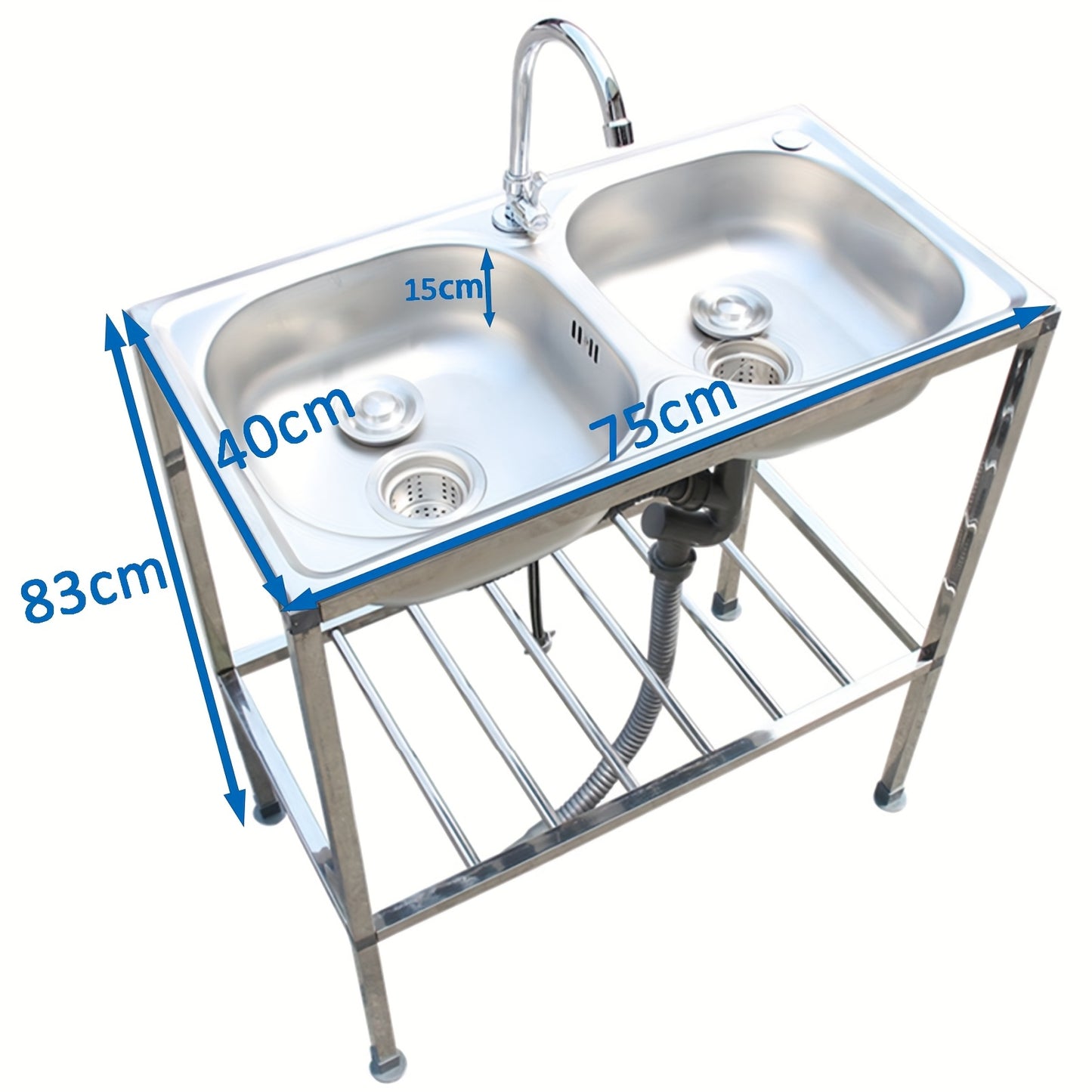 Edelstahlspüle, freistehendes Doppelschüssel-Küchenspülbecken mit Wasserhahn, Warm- und Kaltwasserrohr, Silber 75 * 40 * 83 cm