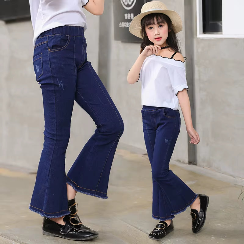 Fashion Girls Denim Bell-Bottoms Jeans Solid Children'S Clothing Spring Summer Pants Kids Vintage Jeans 4 5 7 9 11 13 Year Old.