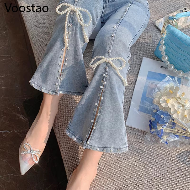 Spring Autumn Sweet High Waist Split Denim Pants Women Elegant Chic Beading Bowknot Boot Cut Pants Girls Vintage Fairy Jeans.
