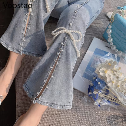 Spring Autumn Sweet High Waist Split Denim Pants Women Elegant Chic Beading Bowknot Boot Cut Pants Girls Vintage Fairy Jeans.