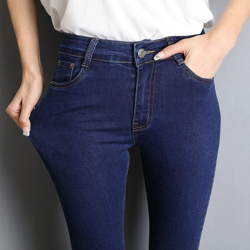 Jeans for Women Mom Jeans Blue Gray Black Woman High Elastic 36 38 40 Stretch Jeans Female Washed Denim Skinny Pencil Pants.
