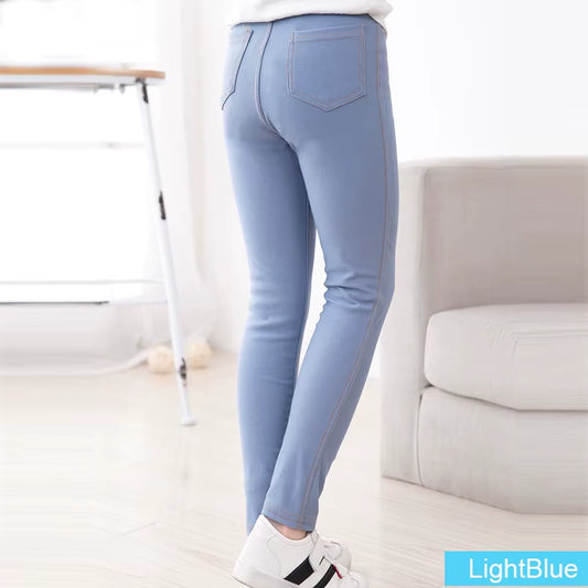 Sheecute New Spring Summer Fashion Girls Pencil Knit Imitation Denim Fabric Jeans Kids Candy Colore Mid Waist Full Length Pants.