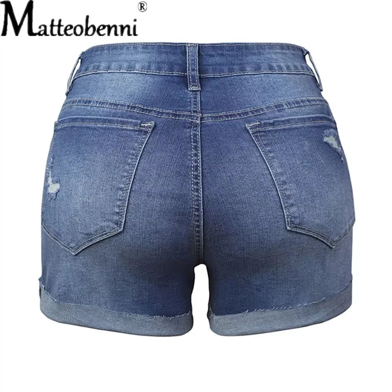 Summer Women Sexy High Waist Jeans Ripped Casual Slim Female Fashion Elastic Blue Buttons Washed Short Denim Shorts.