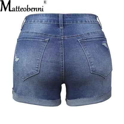 Summer Women Sexy High Waist Jeans Ripped Casual Slim Female Fashion Elastic Blue Buttons Washed Short Denim Shorts.