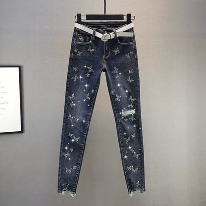 High Waist Jeans Women Beading Butterfly Fashion Ripped Jeans Casual Stretch Jeans Female Washed Denim Pencil Pants.