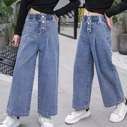 Girls Jeans 2024 Autumn Loose Straight Wide-Leg Pants Kids Trousers Jeans for Children 10 12 13 14 Years Blue High Waist Pants.