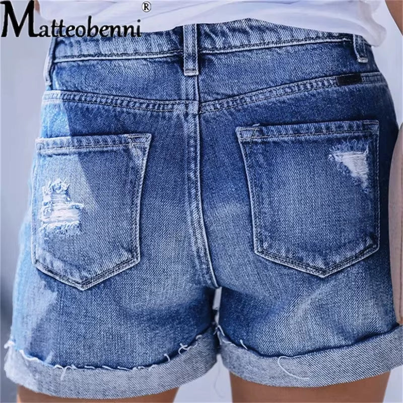 Summer Women Sexy High Waist Jeans Ripped Casual Slim Female Fashion Elastic Blue Buttons Washed Short Denim Shorts.