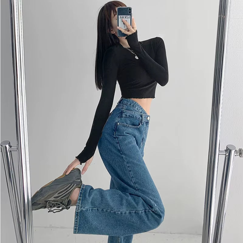 High Waist Blue Jeans Harajuku Korean Ulzzang Harajuku Denim Pants Wild Daily Casual Girl Loose Trouser Streetwear Jean Femme.
