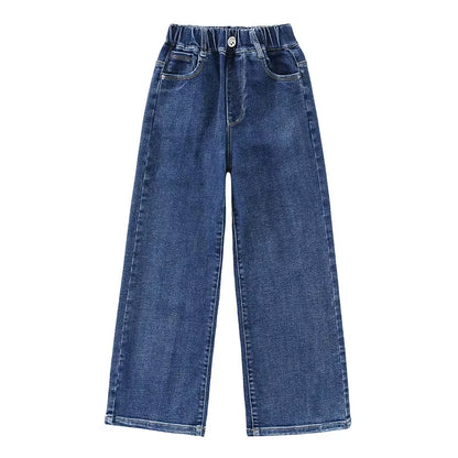 Girls Jeans 2024 Autumn Loose Straight Wide-Leg Pants Kids Trousers Jeans for Children 10 12 13 14 Years Blue High Waist Pants.