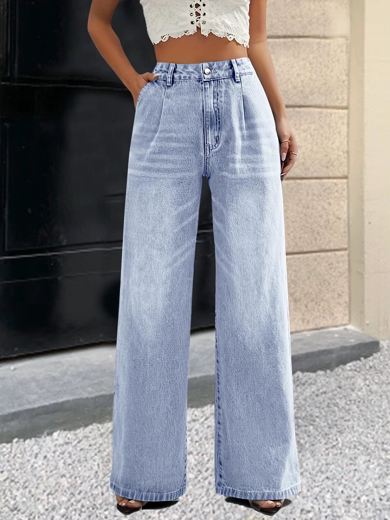 New Women'S Cross-Border European and American Style Solid Color Jeans Women'S Straight Wide Leg Pants Casual All-Match.