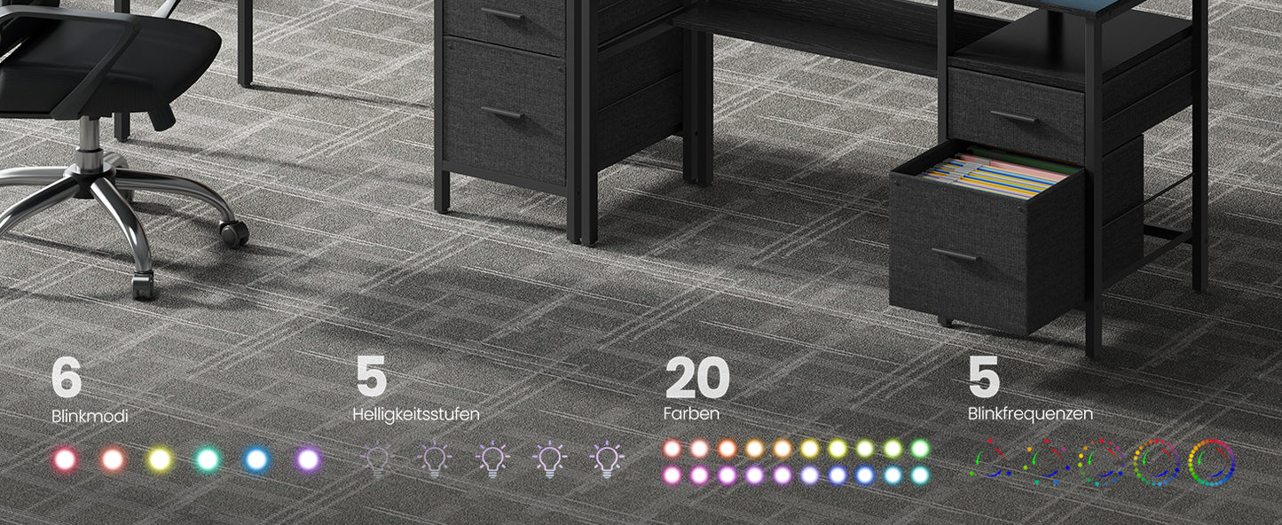 VASAGLE Schreibtisch mit Schubladen, Computertisch mit Monitorständer, LED-Beleuchtung, 55 x 135 x 90 cm, eingebaute Steckdosen