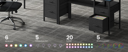 VASAGLE Schreibtisch mit Schubladen, Computertisch mit Monitorständer, LED-Beleuchtung, 55 x 135 x 90 cm, eingebaute Steckdosen