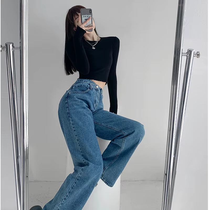 High Waist Blue Jeans Harajuku Korean Ulzzang Harajuku Denim Pants Wild Daily Casual Girl Loose Trouser Streetwear Jean Femme.