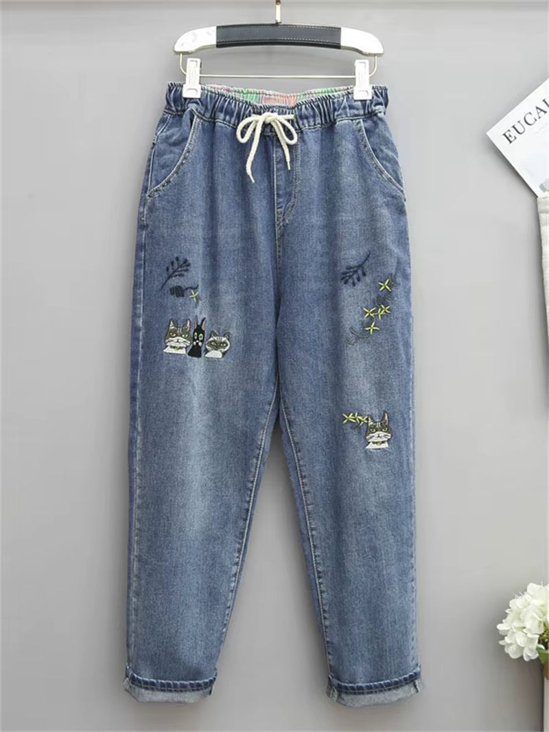 8265 Women Fashion Korea Style Cartoon Cat Embroidery Baggy Elastic Waist High Waist Denim Cropped Pants Female Harem Jeans.