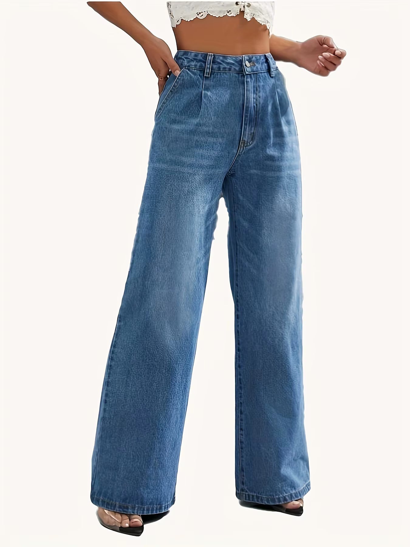 New Women'S Cross-Border European and American Style Solid Color Jeans Women'S Straight Wide Leg Pants Casual All-Match.