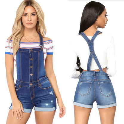 Short Denim Overalls Women Hole Jumpsuit High Waist Casual Jeans Playsuit Washed Salopette Straps 2019 Summer Romper.