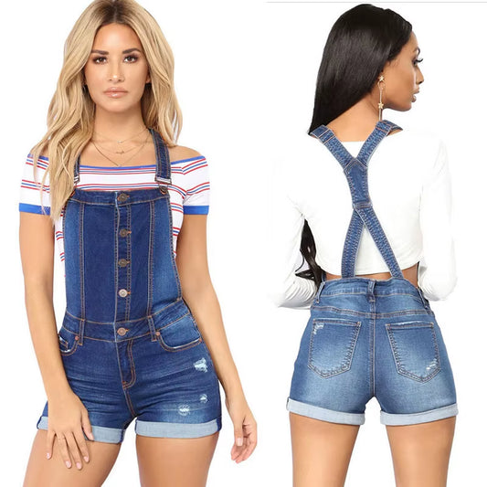 Short Denim Overalls Women Hole Jumpsuit High Waist Casual Jeans Playsuit Washed Salopette Straps 2019 Summer Romper.