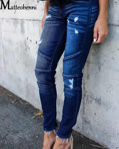 Fashion Mid Waist Skinny Jeans Women Vintage Distressed Denim Pants Autumn Crimped Destroyed Pencil Casual Ripped.