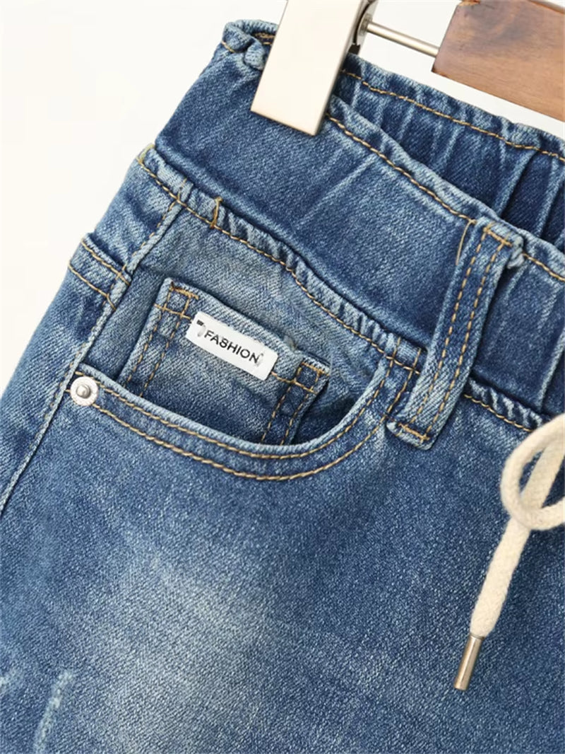 Women Summer Autumn Baggy Elastic Waist Jeans Korea Style Ripped Pants Female 100KG Loose Harem Trousers Cloth.