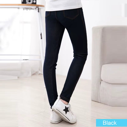 Sheecute New Spring Summer Fashion Girls Pencil Knit Imitation Denim Fabric Jeans Kids Candy Colore Mid Waist Full Length Pants.