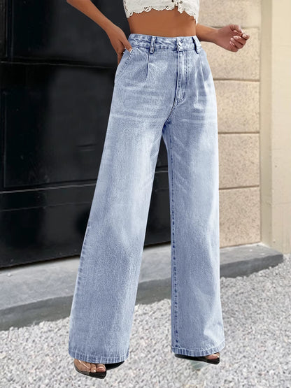 New Women'S Cross-Border European and American Style Solid Color Jeans Women'S Straight Wide Leg Pants Casual All-Match.