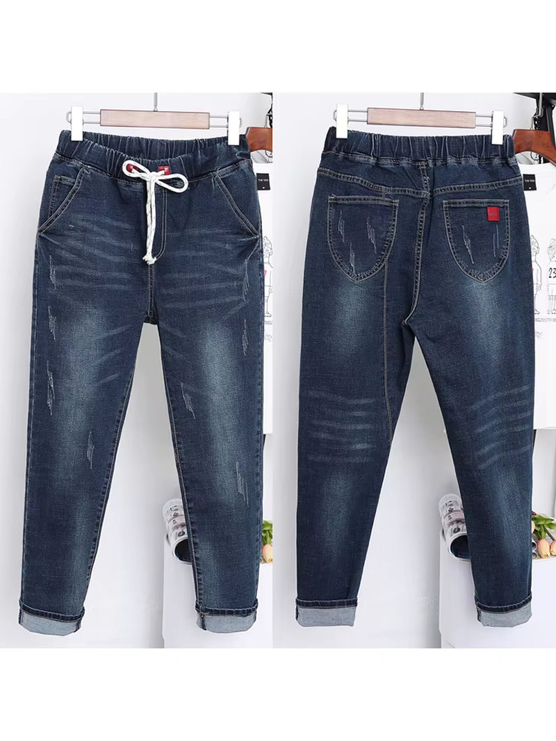 Women Summer Autumn Baggy Elastic Waist Jeans Korea Style Ripped Pants Female 100KG Loose Harem Trousers Cloth.