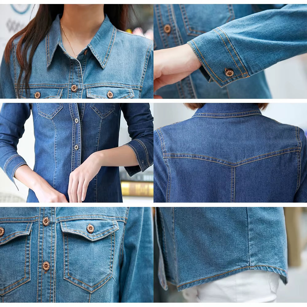 Jeans Shirt Women 2019 Long Sleeve Slim Casual Vintage Elastic Ladies Denim Shirts Tops Blusas Feminina Woman Blouses and Tops.